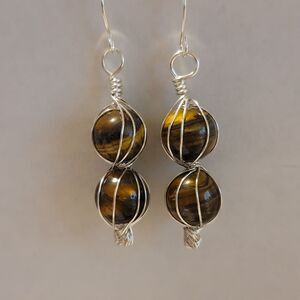 Tiger’s Eye Wire Wrapped Earrings – Handmade Gemstone Dangle Jewelry